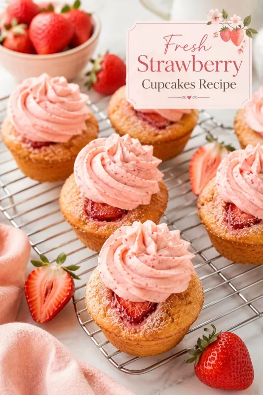 Fresh strawberry cupcakes with pink frosting, baked strawberry slices, and fresh strawberries on a cooling rack
