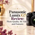 Panasonic Lumix G7 review graphic with a black mirrorless camera on a light photography-inspired background