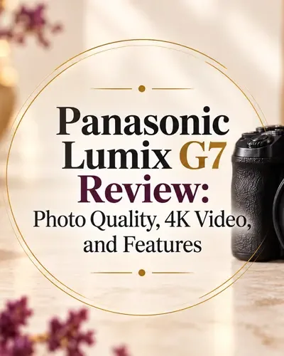 Panasonic Lumix G7 review graphic with a black mirrorless camera on a light photography-inspired background