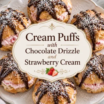 Cream puffs with strawberry cream and chocolate drizzle with decorative recipe title