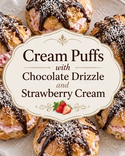 Cream puffs with strawberry cream and chocolate drizzle with decorative recipe title