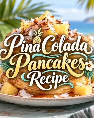 Pina colada pancakes with pineapple and coconut and decorative Pina Colada Pancakes Recipe text.