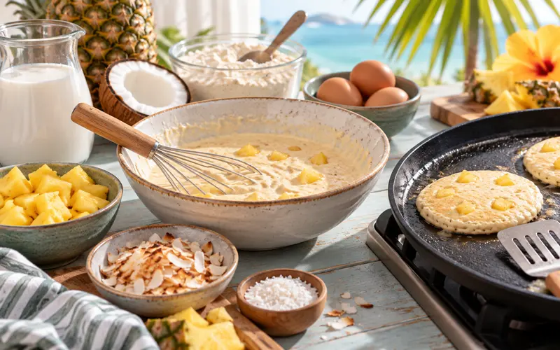 Pina colada pancake batter with pineapple alongside coconut milk, toasted coconut, and pancakes cooking on a griddle.
