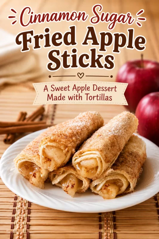 Vertical image of cinnamon sugar fried apple sticks on a white plate with apples, cinnamon sticks, and recipe text.