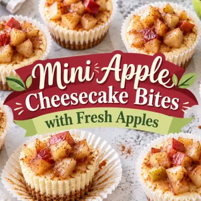 Mini apple cheesecakes with fresh cinnamon apples arranged around the recipe title