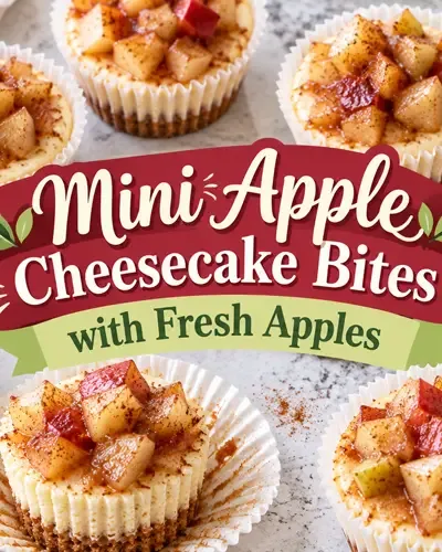 Mini apple cheesecakes with fresh cinnamon apples arranged around the recipe title