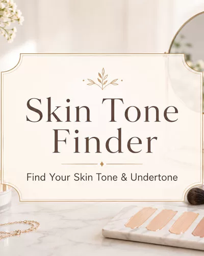 Skin tone finder graphic with beauty products, foundation shades, makeup brush, mirror, flowers, and gold jewelry on a bright vanity.