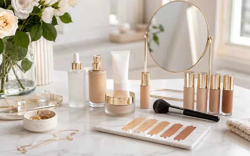 Elegant skincare and makeup setup with foundation swatches, beauty products, gold jewelry, roses, and a mirror on a bright vanity.