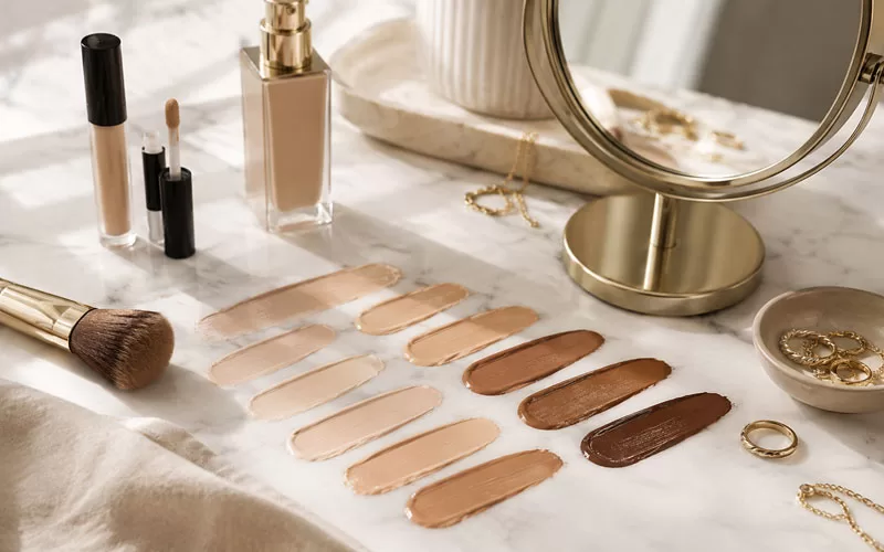 Foundation shade swatches with makeup products, gold jewelry, and a tabletop mirror on a bright marble vanity.