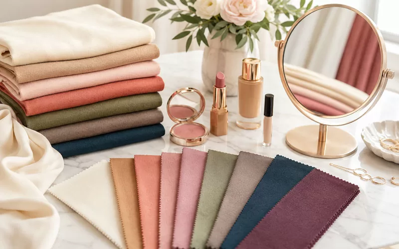 Soft clothing color palette with makeup, mirror, lipstick, blush, foundation, and fabric swatches on a bright vanity.