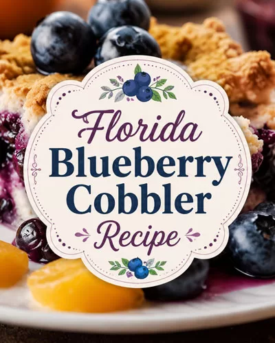 Florida blueberry cobbler recipe with a decorative centered title graphic over a close-up cobbler photo