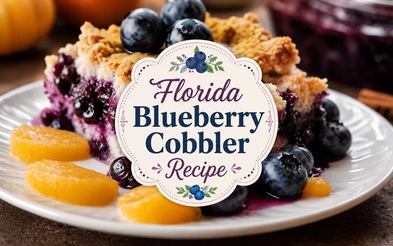Florida blueberry cobbler recipe with a decorative centered title graphic over a close-up cobbler photo