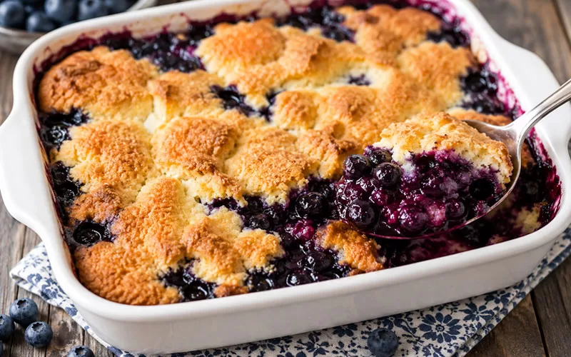 Fresh blueberry cobbler baked in a white dish with golden topping and warm blueberry filling