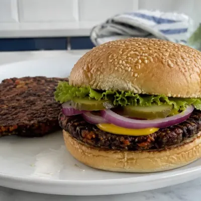 Homemade veggie burger without mushrooms made with black beans, carrots, red bell pepper, oats, and flaxseed.
