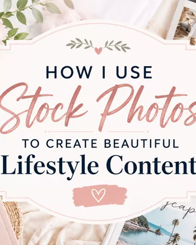 Feminine lifestyle-themed flat lay graphic featuring flowers, coffee, laptop, and camera with text about using stock photos to create beautiful lifestyle content.