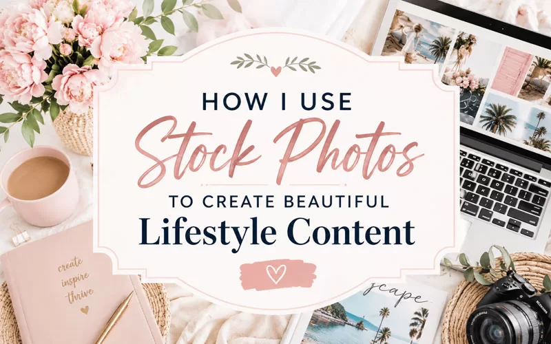 Feminine lifestyle-themed flat lay graphic featuring flowers, coffee, laptop, and camera with text about using stock photos to create beautiful lifestyle content.