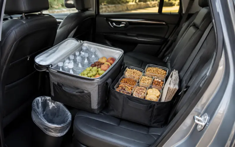 Organized snacks and drinks inside a car for a long road trip
