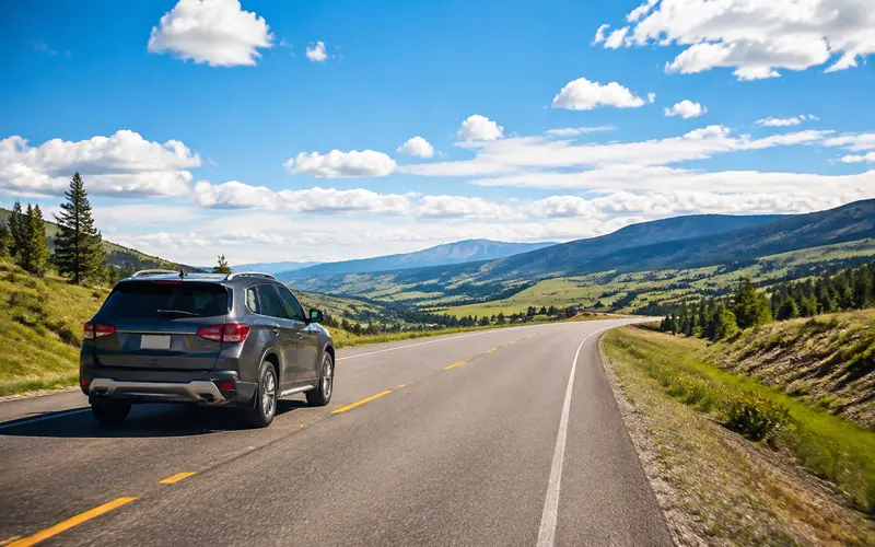 SUV traveling along an open scenic highway on a road trip