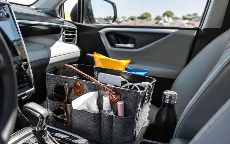 Organized travel bag with essentials kept within reach during a road trip
