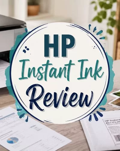 Home office printer scene with documents, photo prints, a return mailer, and centered text reading HP Instant Ink Review.