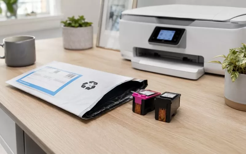 Used printer cartridges beside a prepaid recycling mailer on a clean home workspace.