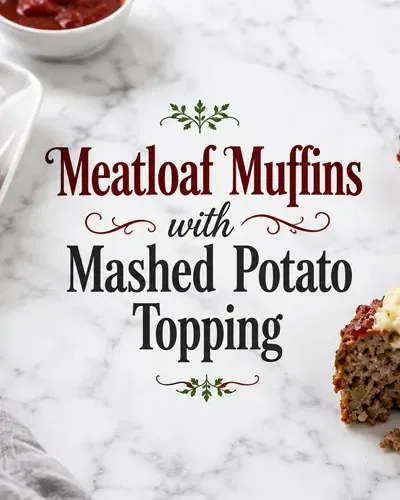 Glazed meatloaf muffins with mashed potato topping displayed around decorative recipe-title lettering.