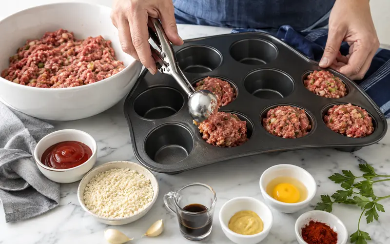 Seasoned meatloaf mixture being portioned evenly into a 12-cup muffin pan.
