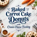 Frosted carrot cake donuts arranged with fresh carrots, pecans, and decorative recipe lettering