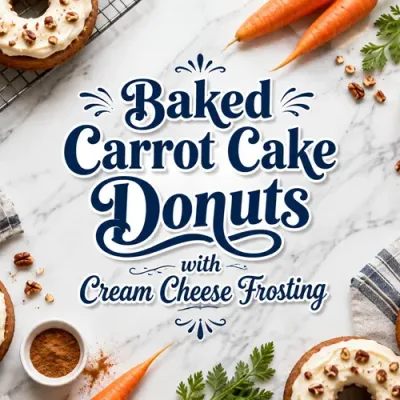 Frosted carrot cake donuts arranged with fresh carrots, pecans, and decorative recipe lettering