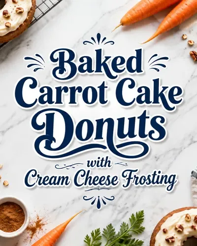 Frosted carrot cake donuts arranged with fresh carrots, pecans, and decorative recipe lettering