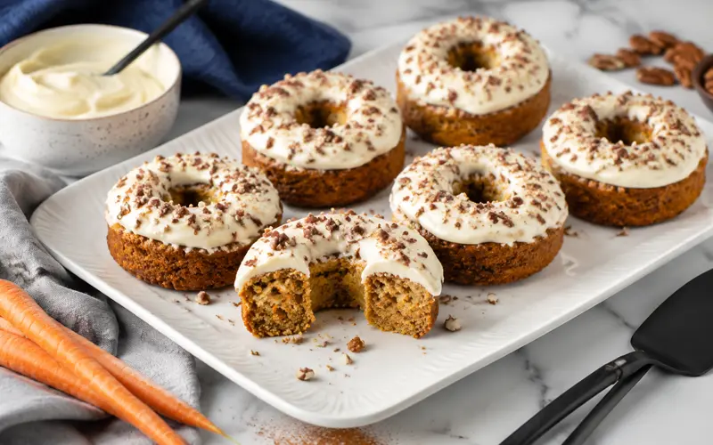 Baked carrot cake donuts with cream cheese frosting and chopped pecans