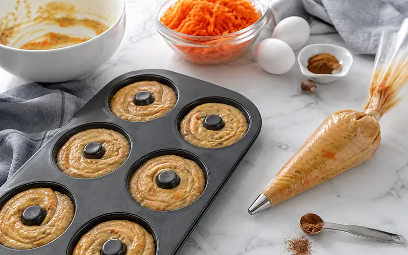 Carrot cake donut batter piped into a nonstick donut pan