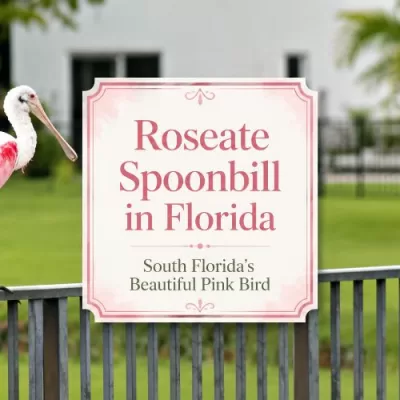 Roseate spoonbill perched on a fence with a centered title design for a Florida wildlife article.
