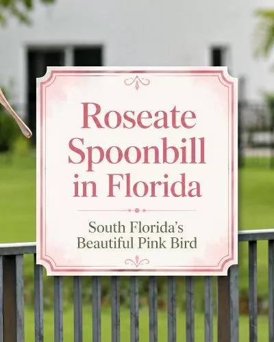 Roseate spoonbill perched on a fence with a centered title design for a Florida wildlife article.