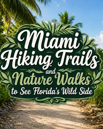 Miami hiking trails and nature walks title over a tropical trail with palms, greenery, and coastal views.