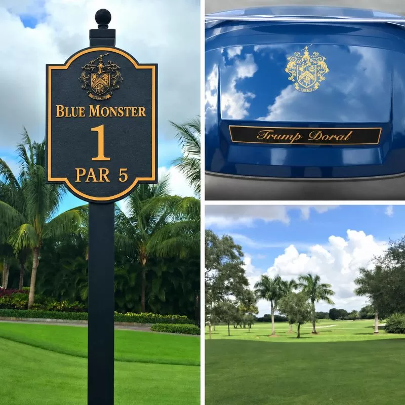 Blue Monster golf course sign, Trump Doral cart detail, and golf course views at Trump National Doral Miami.