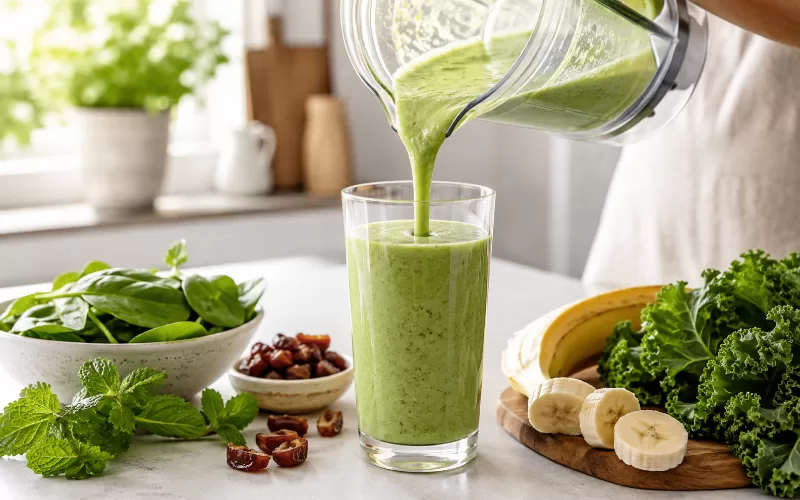 Green smoothie being poured from a blender into a tall glass with spinach, kale, banana, mint, and dates arranged on a bright kitchen counter.