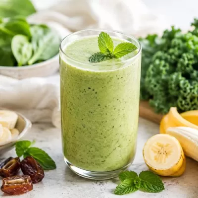 Fresh green smoothie in a tall glass garnished with mint, surrounded by spinach, kale, banana slices, and dates on a light countertop.
