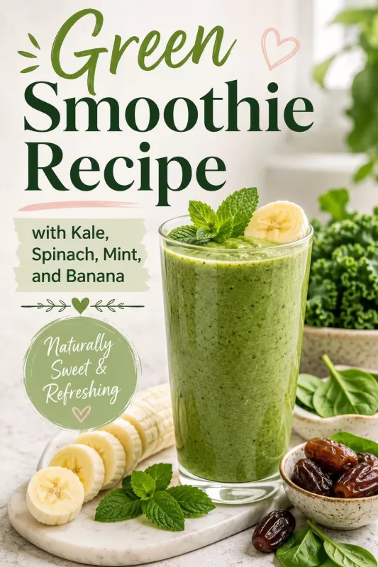 Pinterest image for a green smoothie recipe featuring a creamy green smoothie with kale, spinach, mint, banana slices, and dates.