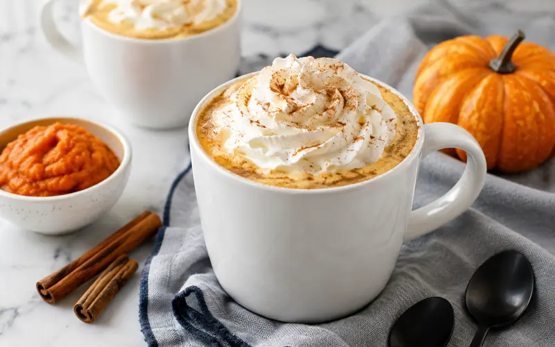 Homemade pumpkin spice latte with real pumpkin, whipped cream, and pumpkin pie spice
