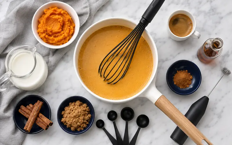 Ingredients for making a pumpkin spice latte with real pumpkin and espresso