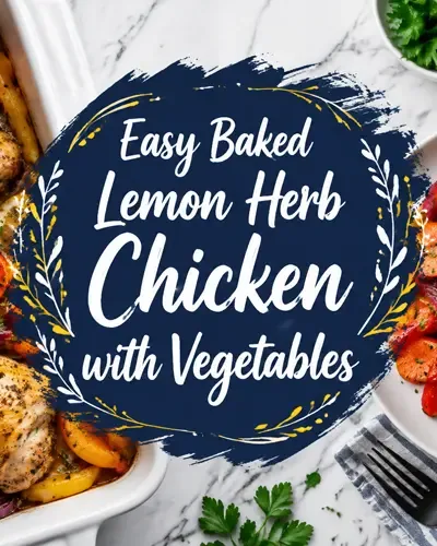 Easy baked lemon herb chicken with vegetables displayed with decorative title text.