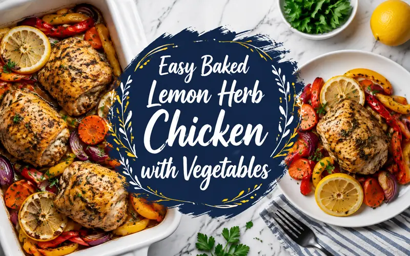 Easy baked lemon herb chicken with vegetables displayed with decorative title text.