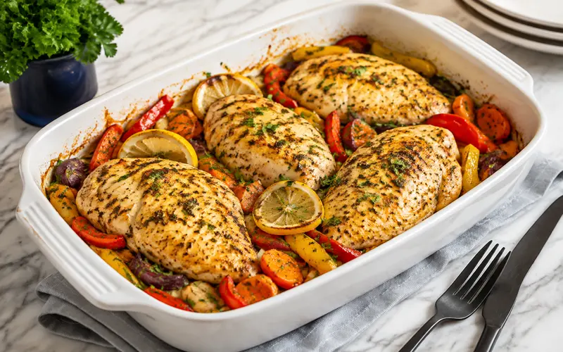 Baked lemon herb chicken breasts with roasted peppers, carrots, red onion, and lemon slices.