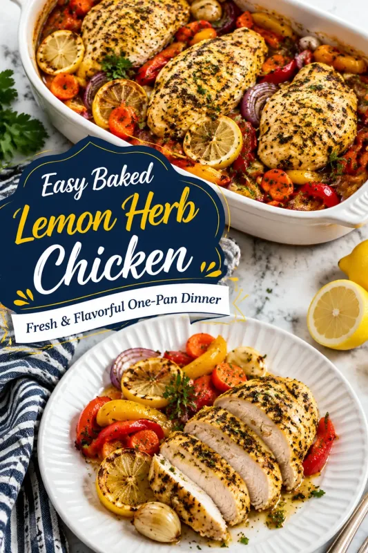 Easy baked lemon herb chicken with roasted vegetables and a fresh lemon-garlic marinade.