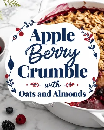 Apple berry crumble topped with golden oats and sliced almonds in a white baking dish