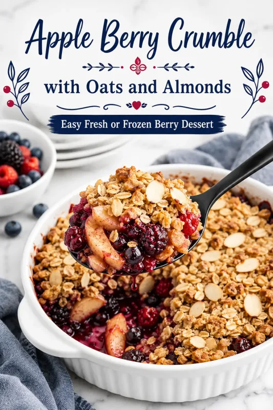 Apple berry crumble with cinnamon apples, mixed berries, oats, and sliced almonds