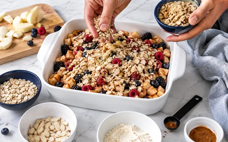 Apple berry crumble topped with golden oats and sliced almonds in a white baking dish