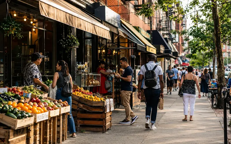 Diverse New York City-inspired neighborhood with local food shops and pedestrians
