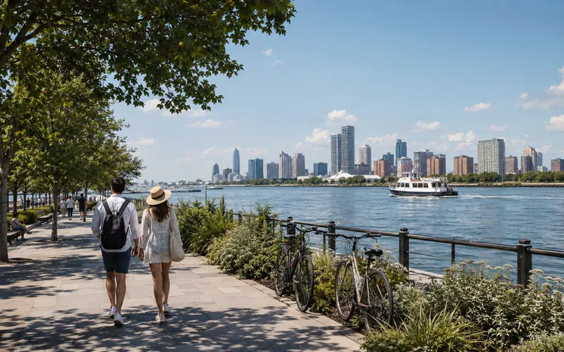 Travelers walking along a peaceful New York City-inspired waterfront promenade